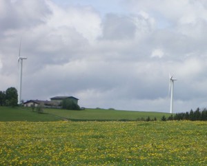 Windmills on a German farm. I don't find them ugly, but they have been chopping up the raptors; thus a pause in their construction.
